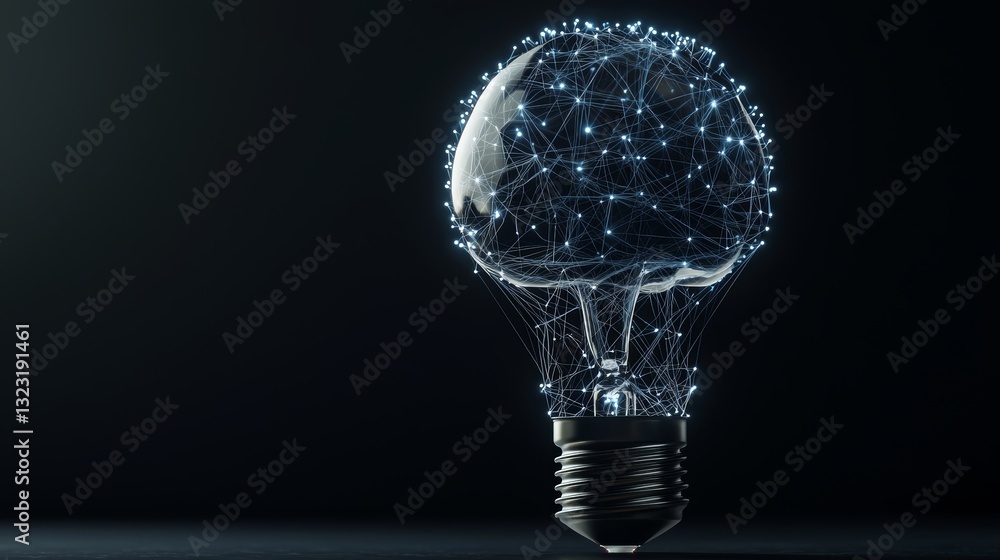 Poster a high-tech representation of creative thinking, showing a neural brain inside a glowing bulb with f