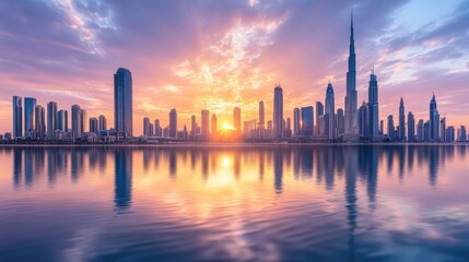 Fototapeta premium A beautiful city skyline reflecting in a calm body of water