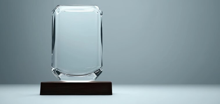 A futuristic transparent glass award with a dark wooden platform, set against a dramatic gray background for a luxurious aesthetic
