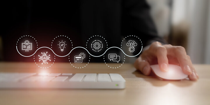 AI agent and generative artificial intelligence concept.Digital interface featuring artificial intelligence, automation and business innovation. Robotic processes automation and data analytics.