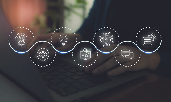 AI agent and generative artificial intelligence concept.Digital interface featuring artificial intelligence, automation and business innovation. Robotic processes automation and data analytics.
