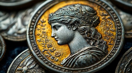 Ancient Coin's Golden Glow: A close-up reveals the exquisite detail of an ancient coin, showcasing the profile of a classical figure. The warm.