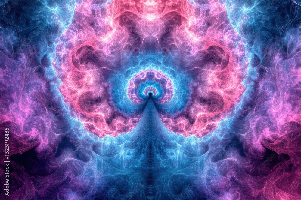 Aufkleber abstract fractal art depicting a mesmerizing symmetrical pattern of swirling pink and blue nebulae.