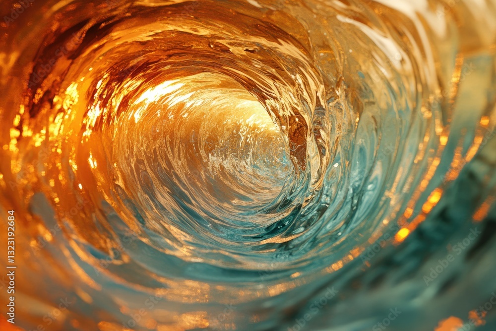 Aufkleber a mesmerizing view inside a powerful ocean wave, illuminated by the golden sunlight.