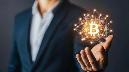 A businessman holding a glowing Bitcoin symbol, surrounded by futuristic digital blockchain technology and financial data