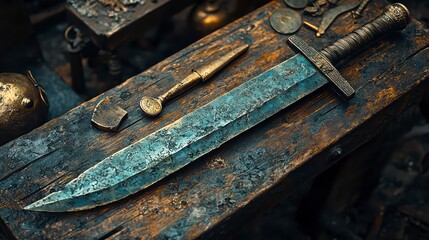 Forged Legacy: A close-up, high-angle view showcases an ancient broadsword and other metal tools on a weathered wooden workbench, evoking a sense of history, craftsmanship.
