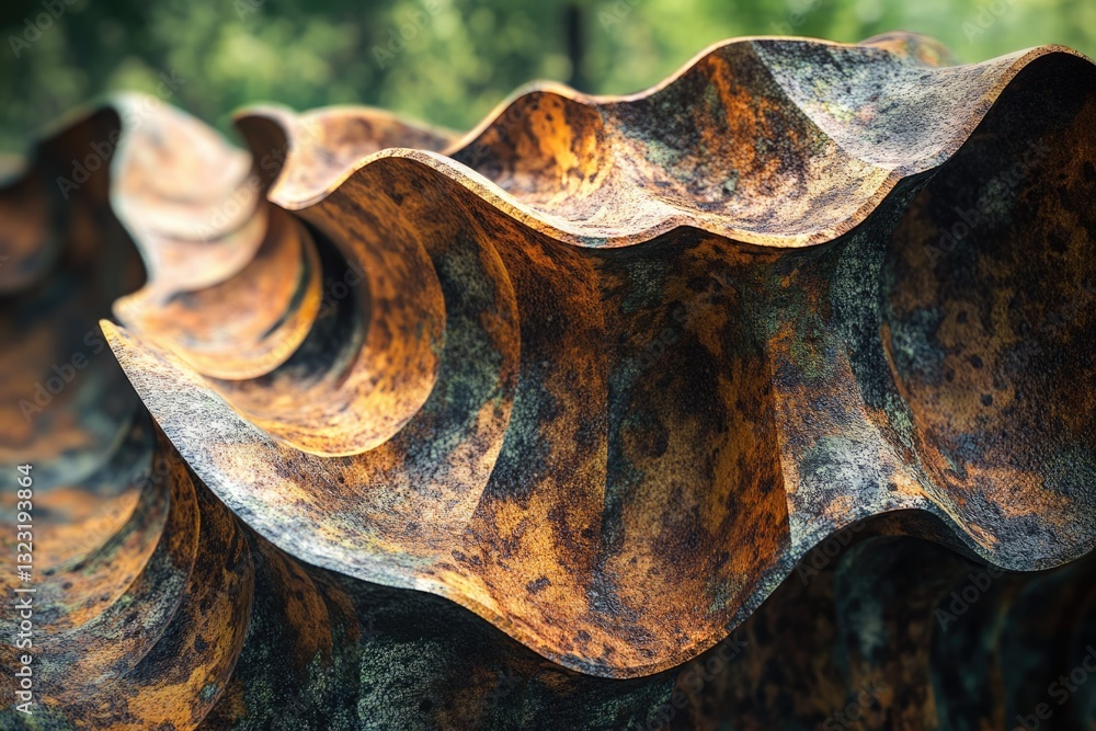 Aufkleber close-up of a rusty, undulating metal sculpture with a textured surface, showing signs of age and we
