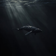 Fototapeta premium A photorealistic, high-quality image of a 52Hz whale, swimming through dark ocean waters, alone and isolated