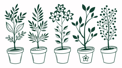 Black and white hand-drawn potted plant vector illustrations set, minimalist botanical clipart collection, modern houseplant silhouette design for decor, stickers, and prints
