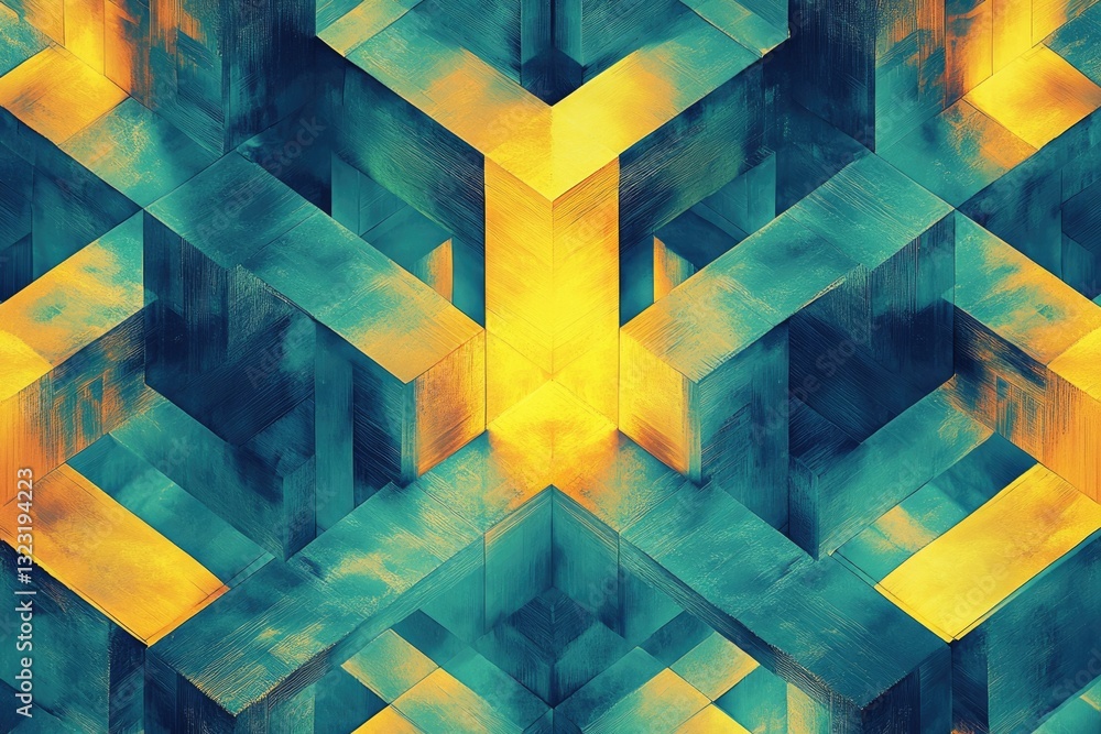 Poster abstract geometric pattern with teal and gold hues, creating a mesmerizing, symmetrical design.