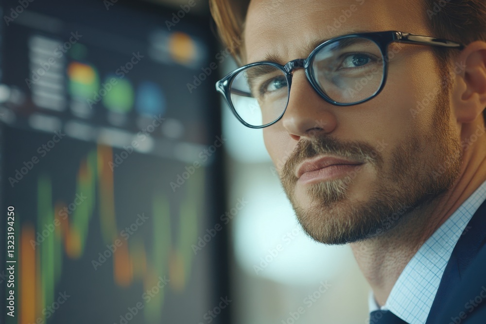 Poster sales manager analyzes market trends and performance metrics in busy office setting during working h