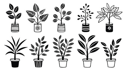 Black and white hand-drawn potted plant vector illustrations set, minimalist botanical clipart collection, modern houseplant silhouette design for decor, stickers, and prints
