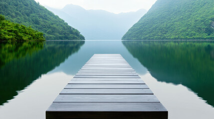 Fototapeta premium Dock in a lake offering a nature escape in a minimalist and realistic photographic setting