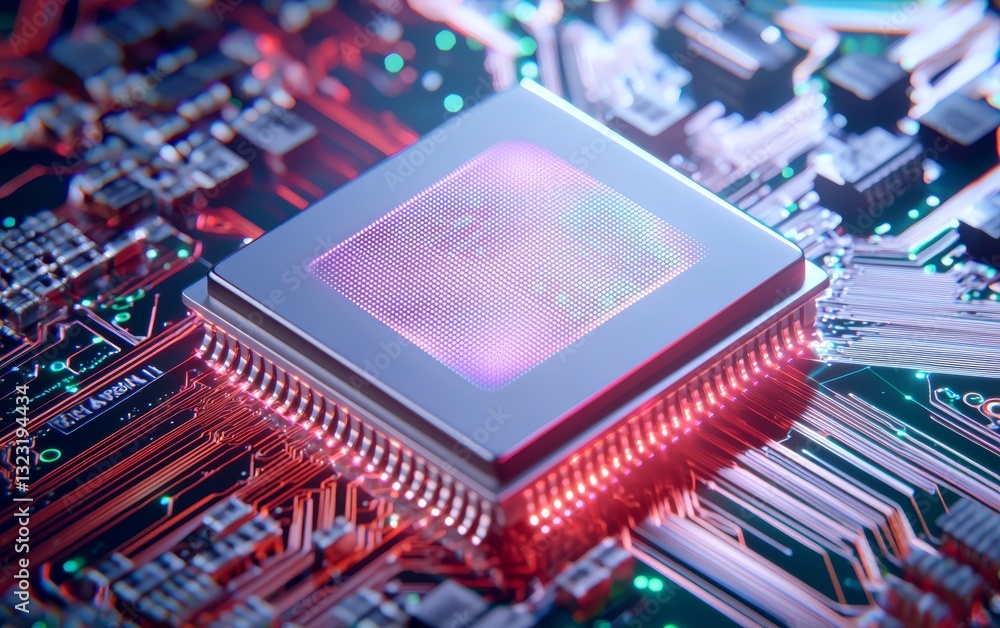 Poster a close-up of a digital esim processor with a glowing holographic effect, representing next-generati