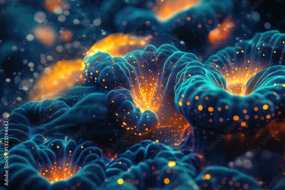 Poster abstract digital art depicting a vibrant, bioluminescent underwater scene with glowing teal and oran