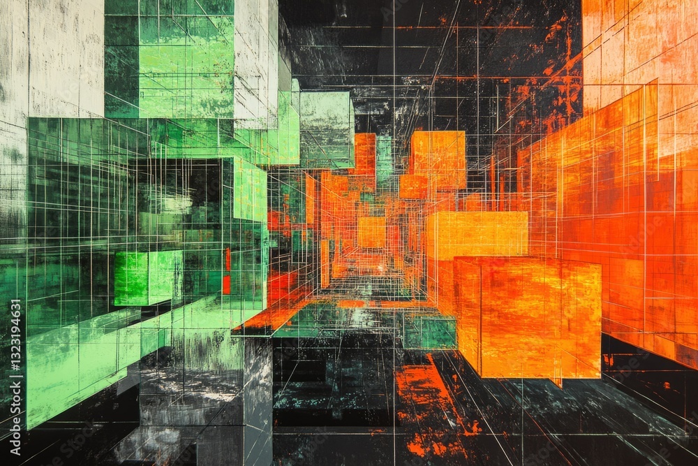 Poster Abstract artwork depicting a futuristic, geometric cityscape with vibrant orange and green hues, creating a sense of depth and complexity.