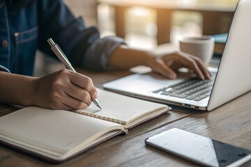 Person taking notes in notebook while using laptop for online learning and working remotely