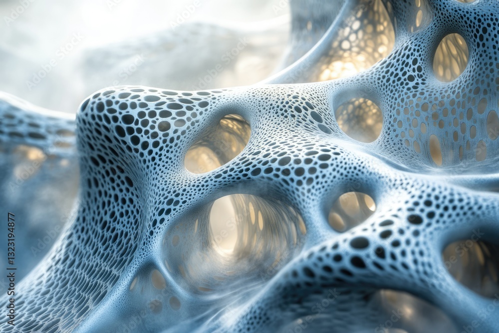 Poster Abstract 3D rendering of a porous, cavernous, blue structure with intricate detailing.