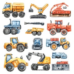 Watercolor Illustration of Construction Vehicles A Collection of Heavy Machinery Graphics.