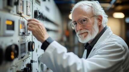 Expert engineer adjusts complex equipment in laboratory innovation hub professional portrait indoor close-up precision craftsmanship