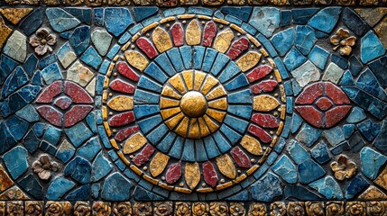 Obraz premium Geometric Harmony: A meticulously crafted, symmetrical pattern showcases a vibrant tapestry of colors and textures, with intricate detail. 