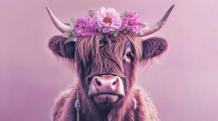 Highland cow with pink flowers crown on pastel background.