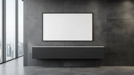 A high-end interior showcasing a sleek monochrome kitchen, large windows with a city view, and an empty poster frame on a contrasting gray wall