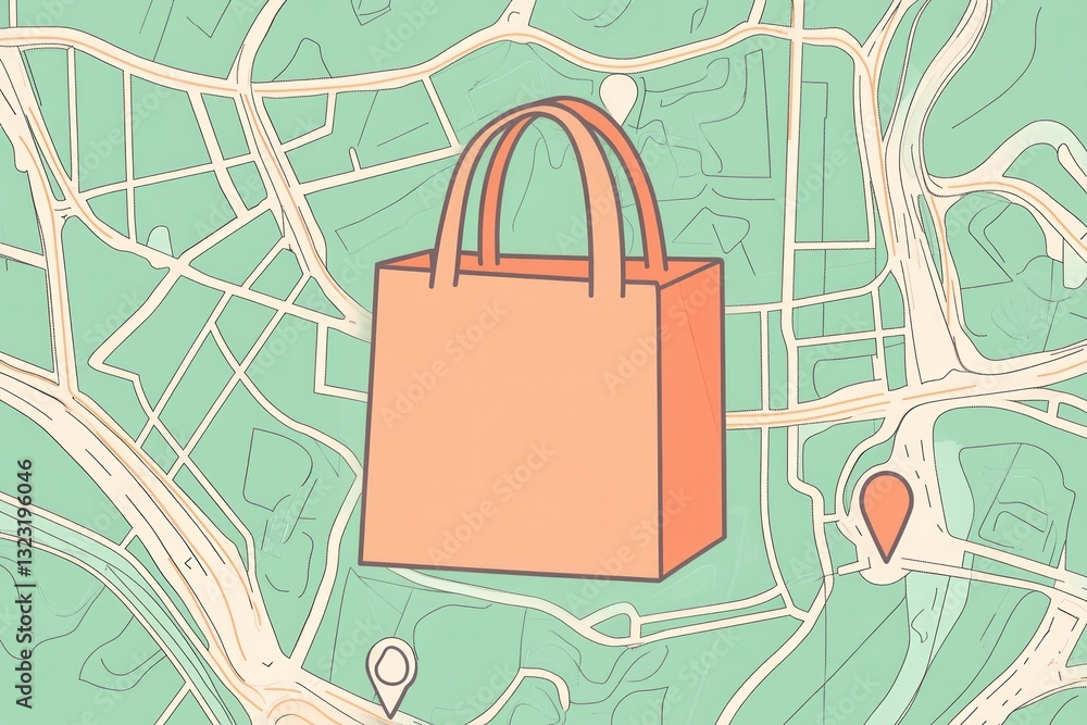 Poster delivery route map illustration with grocery bag icon and location pins in clean design