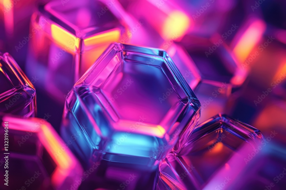 Poster Close-up of vibrant, neon-lit hexagonal glass structures creating an abstract, futuristic scene.