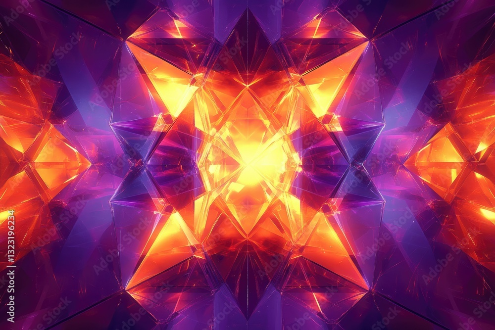 Poster abstract symmetric artwork featuring vibrant orange and purple geometric shapes creating a kaleidosc