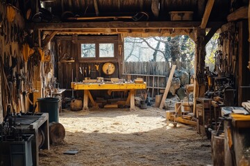 Fototapeta premium Rustic workshop in the field where skilled craftsmen hone their artistry and create unique handmade treasures.