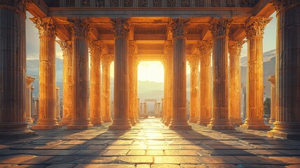 Fototapeta premium Golden Pillars: A stunning perspective of a grand, ancient structure with towering golden pillars, bathed in sunlight.