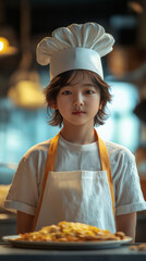 An Asian Boy In A Chef’ Hat And Apron, Standing In A Bright Kitchen