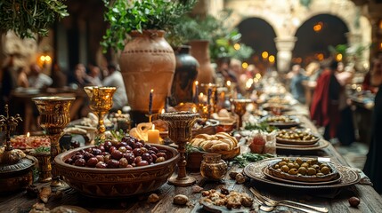 Fototapeta premium Feast in the Courtyard: A bountiful feast is set on a long wooden table in an open courtyard, complete with an array of dishes, and goblets under the soft glow of candlelight.