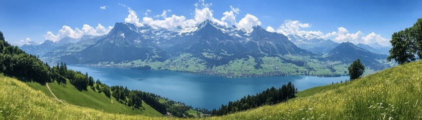 Naklejka premium A breathtaking view from a grassy hilltop showcases a serene lake shimmering under the sunlight, surrounded by majestic mountains that rise dramatically in the background.