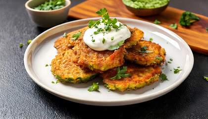 Zucchini Quinoa, Crispy zucchini and quinoa fritters topped with a dollop of yogurt sauce and fresh