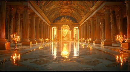 Obraz premium Golden Hall of Elegance: Majestic columns support a luminous ceiling, creating a spacious hall bathed in warm light and luxurious reflections, creating an atmosphere of opulence and timeless grandeur.