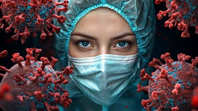 Protective Defender: A determined healthcare worker, clad in full protective gear and mask, confronts a viral threat with unwavering resolve, embodying the spirit of resilience and dedication.