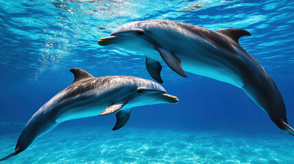 Fototapeta premium Two playful dolphins gliding through the clear ocean waters showcasing their graceful movement and natural beauty