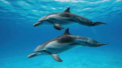 Naklejka premium Two playful dolphins swimming together in the clear ocean waters capturing the spirit of joy and natural beauty