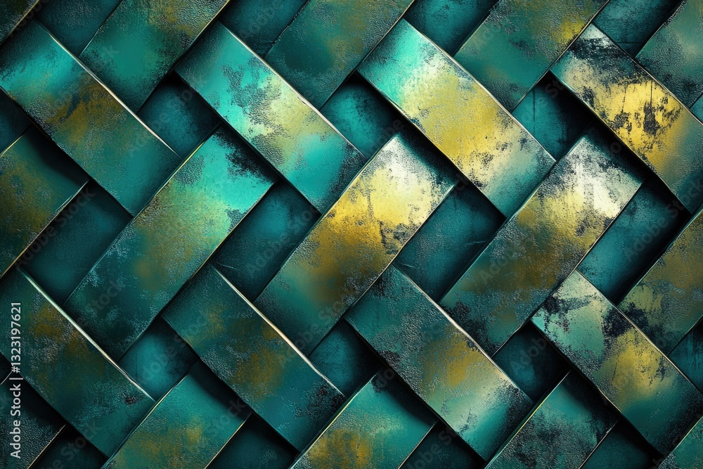 Poster abstract woven pattern of teal and gold metallic rectangles with a textured, distressed look.