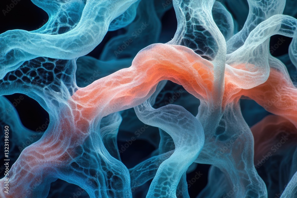 Poster abstract image depicting intricate, interconnected, flowing structures in shades of blue and orange,