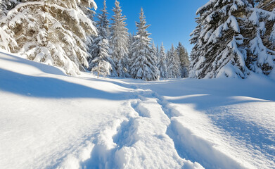 Obraz premium Scenic winter landscape with fresh snow covering trees and a clear blue sky. 