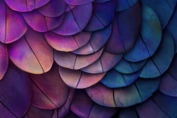 Obraz premium Close-up view of iridescent bird feathers, showcasing vibrant purple, pink, and blue hues.