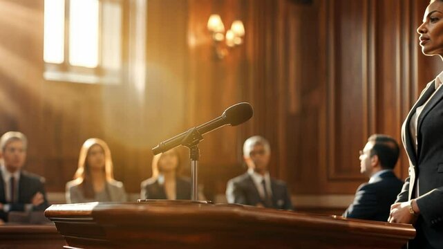 Justice Served: A compelling courtroom scene unfolds with a poised woman addressing the court, radiating authority and conviction, while an attentive jury observes.
