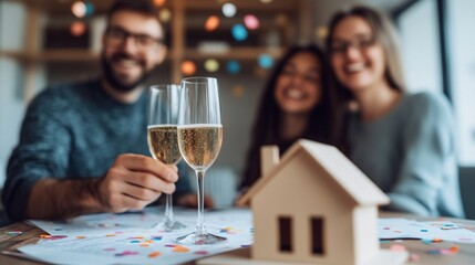 Happy couple celebrates new home purchase,  friends in background