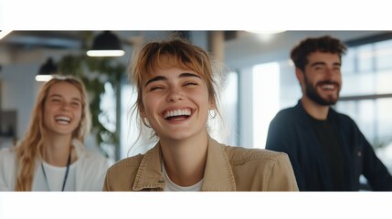 Happy coworkers laughing in office