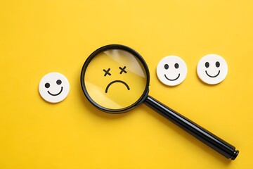 Unhappy face under scrutiny among happy faces concept showing negativity and depression detection