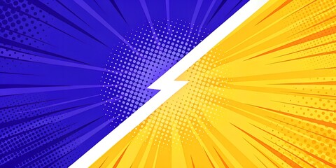 Versus Background Comic Style with Blue and Yellow Halftone Effect and Lightning Bolt Divider