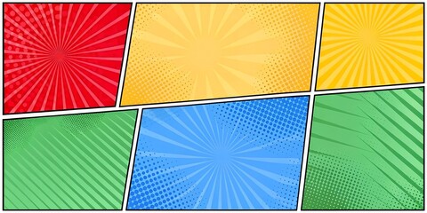 Vibrant Comic Book Page Template with Retro Burst Backgrounds and Halftone Effects Design